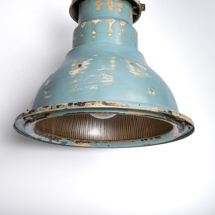 Huge Vintage Industrial Painted Steel Pendant Lights with Holophane Prismatic Glass Inserts
