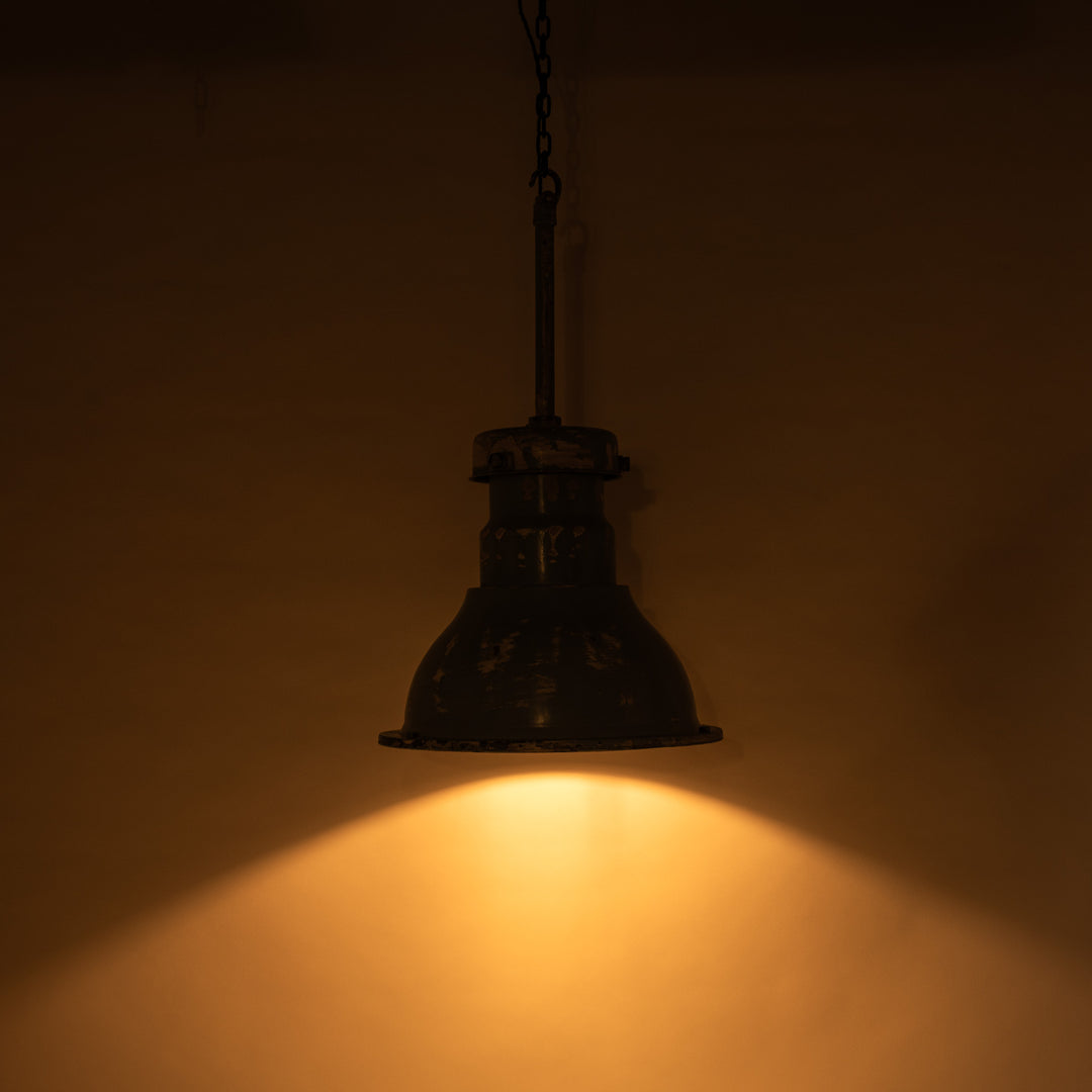 Huge Vintage Industrial Painted Steel Pendant Lights with Holophane Prismatic Glass Inserts