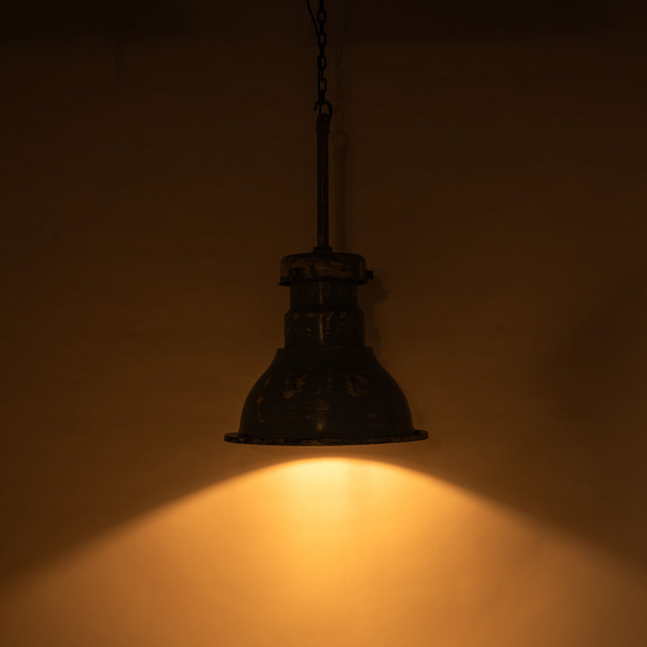 Huge Vintage Industrial Painted Steel Pendant Lights with Holophane Prismatic Glass Inserts