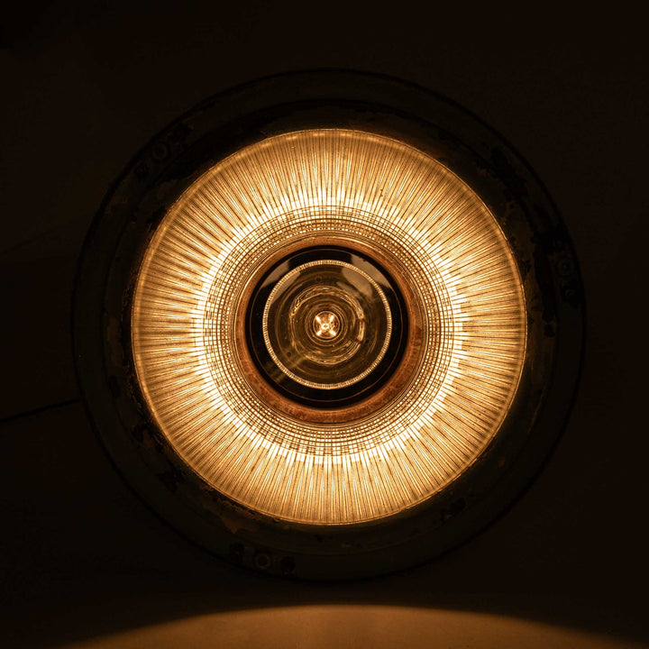 Huge Vintage Industrial Painted Steel Pendant Lights with Holophane Prismatic Glass Inserts