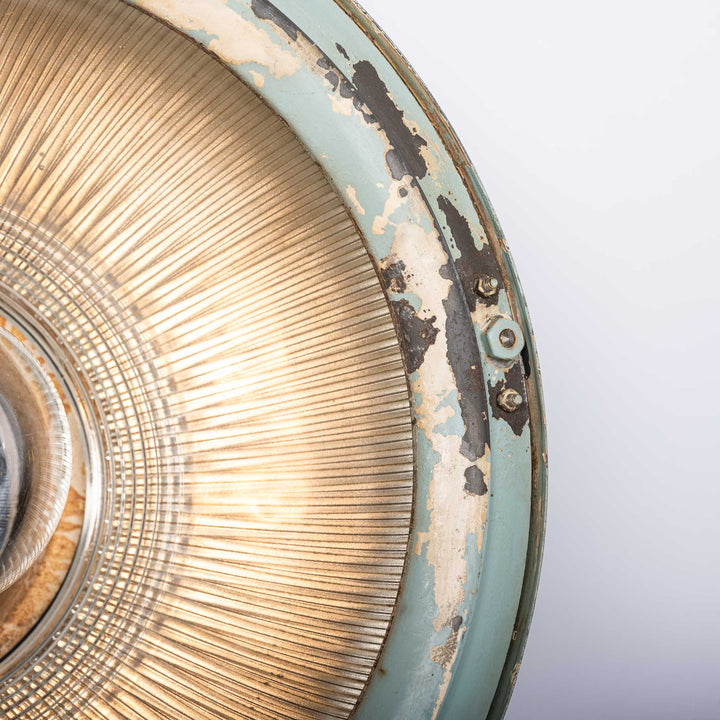 Huge Vintage Industrial Painted Steel Pendant Lights with Holophane Prismatic Glass Inserts