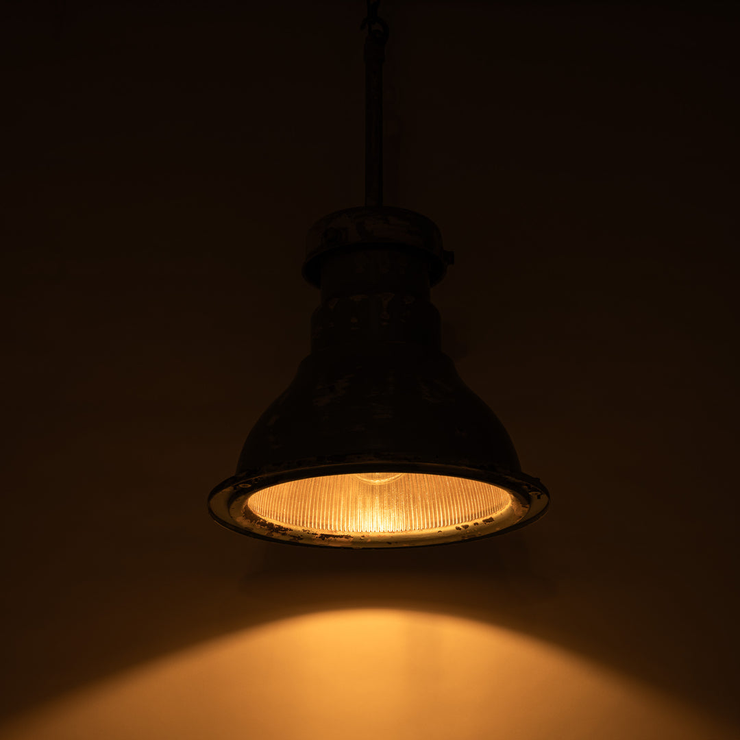 Huge Vintage Industrial Painted Steel Pendant Lights with Holophane Prismatic Glass Inserts