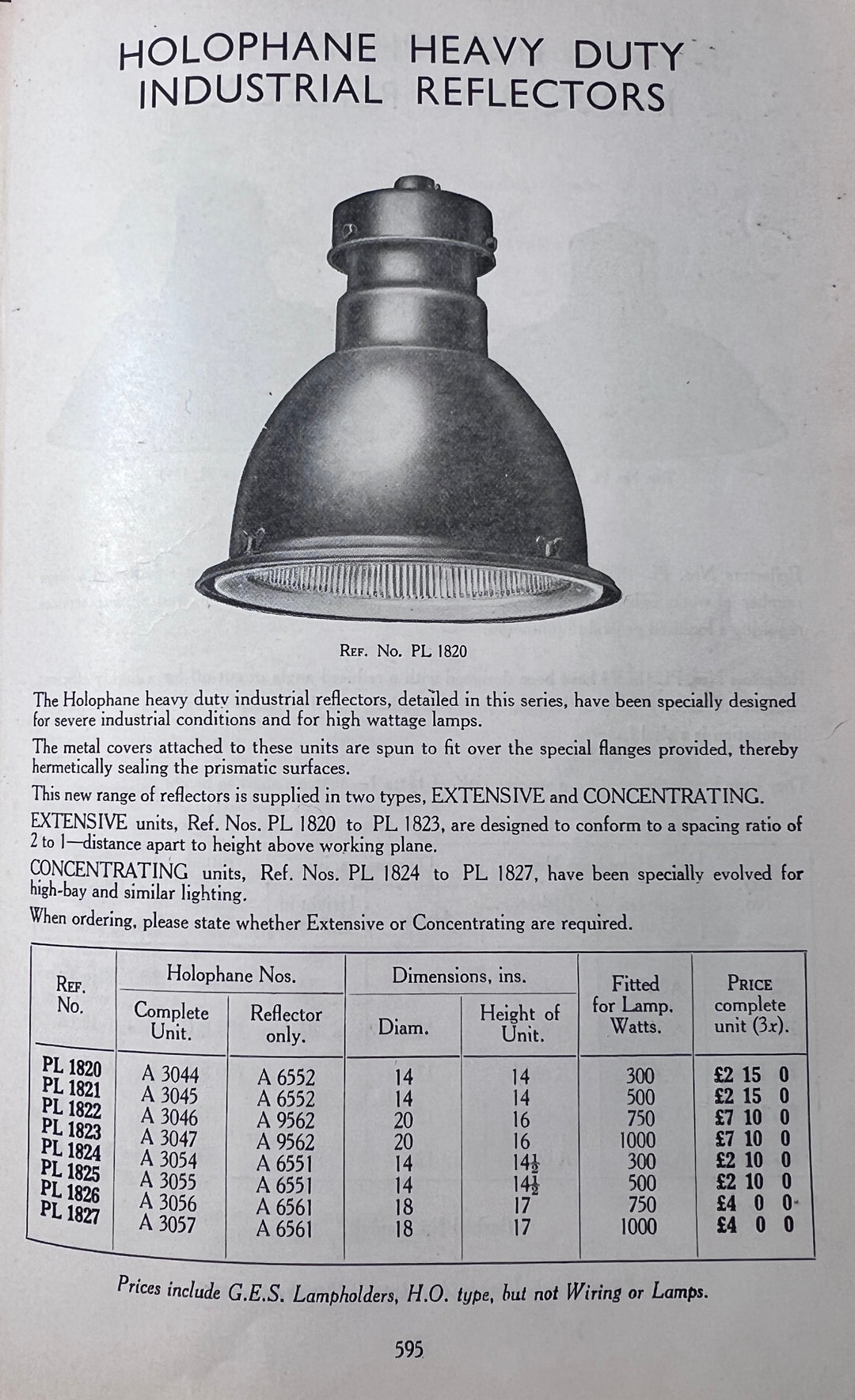 Huge Vintage Industrial Painted Steel Pendant Lights with Holophane Prismatic Glass Inserts
