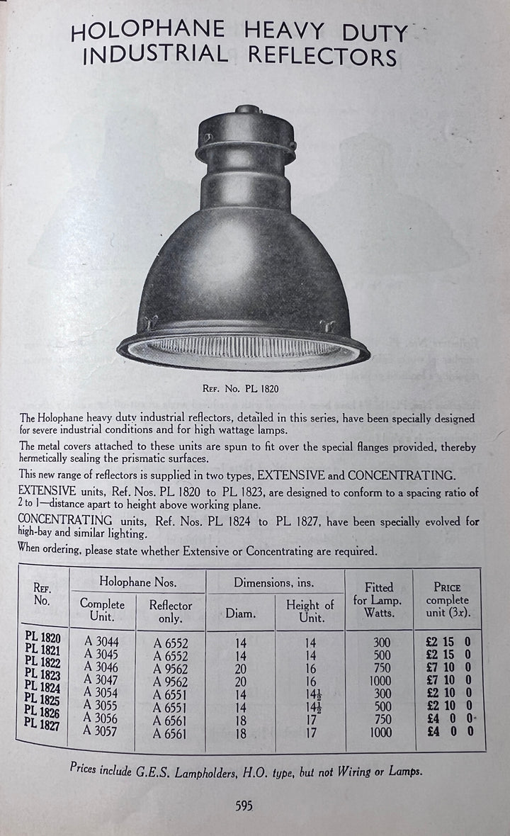 Huge Vintage Industrial Painted Steel Pendant Lights with Holophane Prismatic Glass Inserts