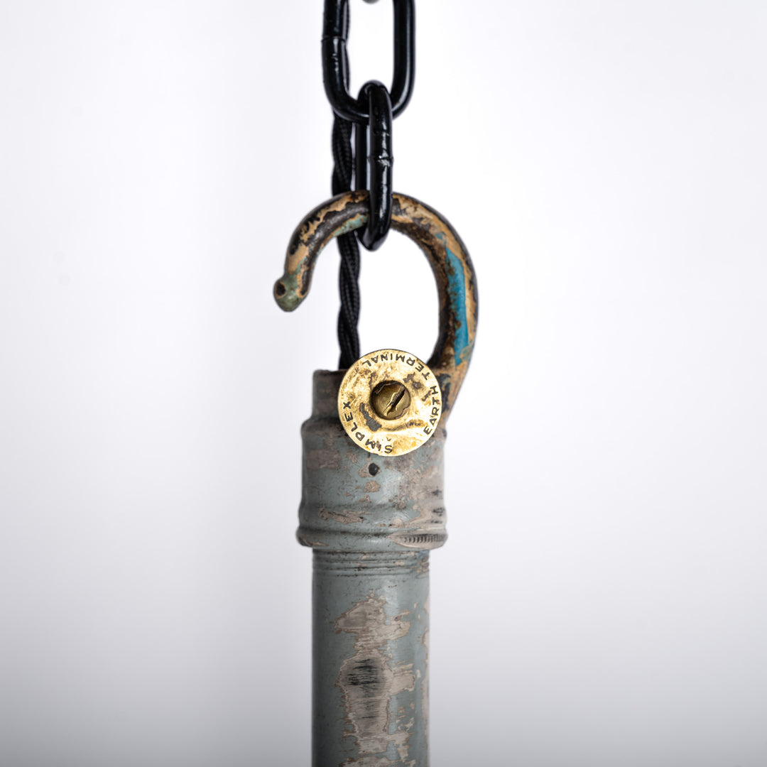 Huge Vintage Industrial Painted Steel Pendant Lights with Holophane Prismatic Glass Inserts