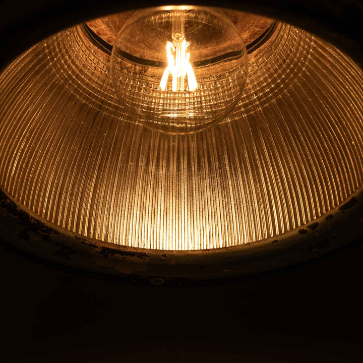 Huge Vintage Industrial Painted Steel Pendant Lights with Holophane Prismatic Glass Inserts