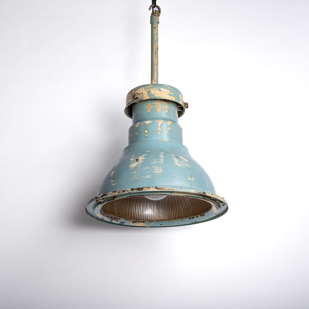 Huge Vintage Industrial Painted Steel Pendant Lights with Holophane Prismatic Glass Inserts