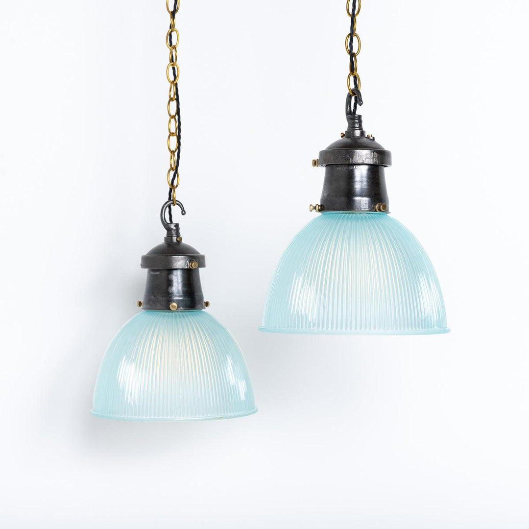 Industrial Blue Prismatic Glass & Cast Iron Pendant Lights by Holophane