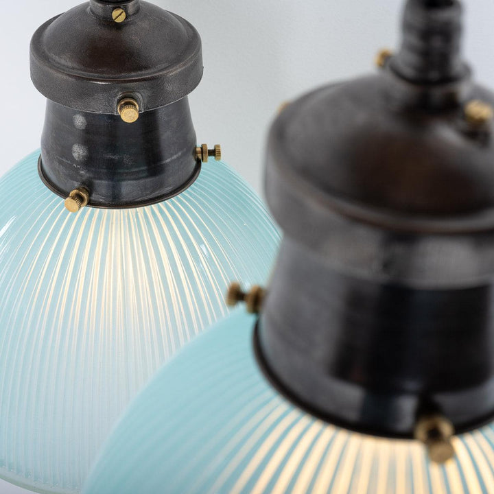 Industrial Blue Prismatic Glass & Cast Iron Pendant Lights by Holophane