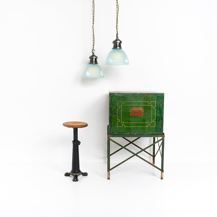 Industrial Blue Prismatic Glass & Cast Iron Pendant Lights by Holophane