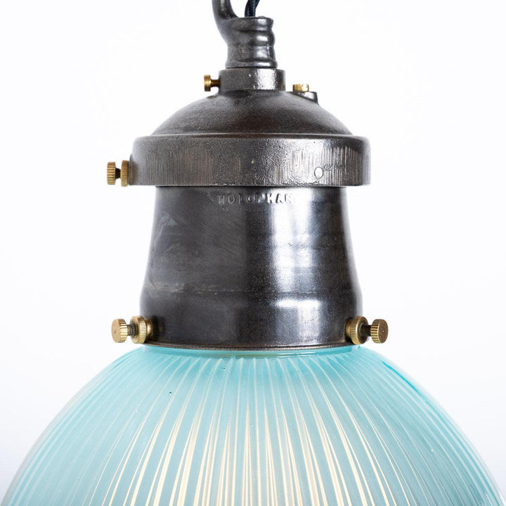 Industrial Blue Prismatic Glass & Cast Iron Pendant Lights by Holophane