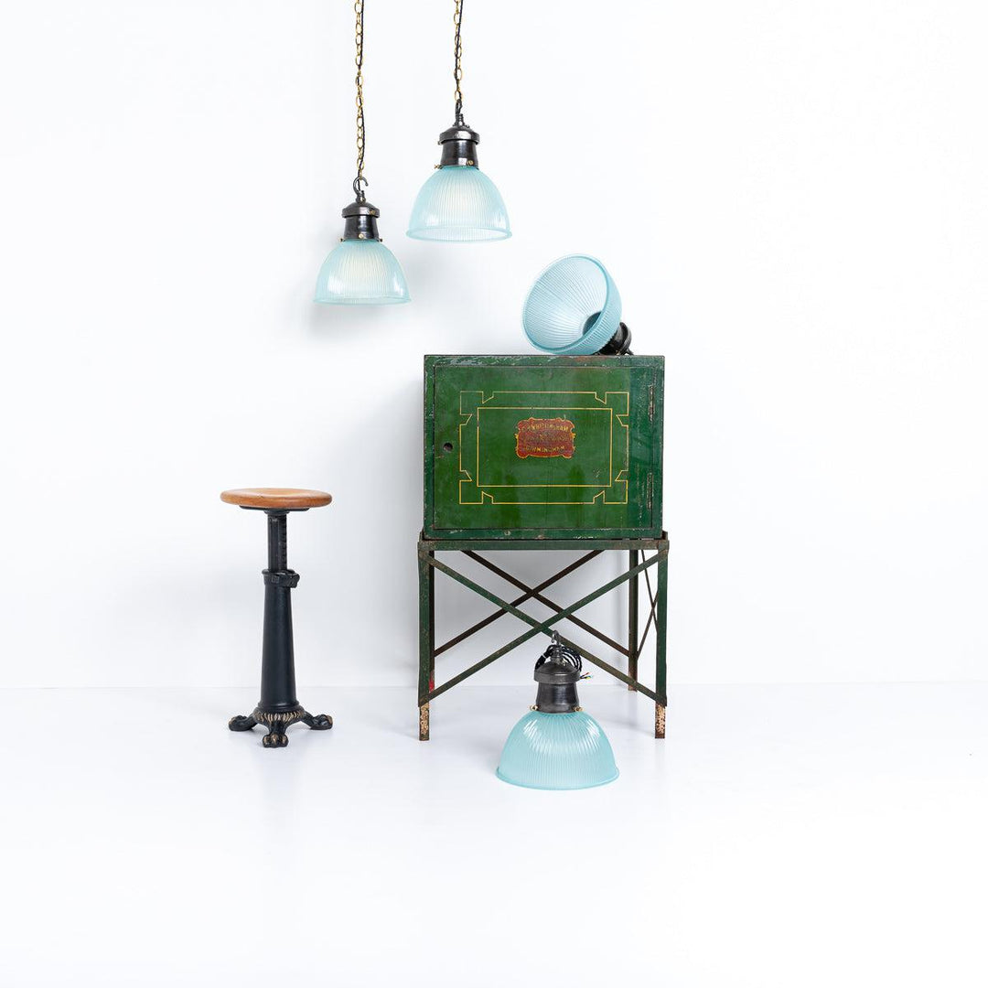 Industrial Blue Prismatic Glass & Cast Iron Pendant Lights by Holophane