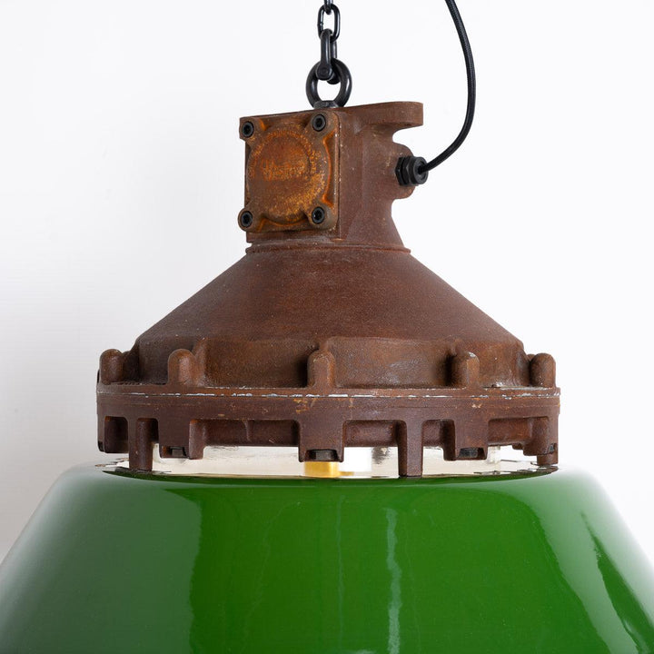 Industrial Explosion Proof Rusted Pendant Lights with Green Enamel Diffusers by Victor