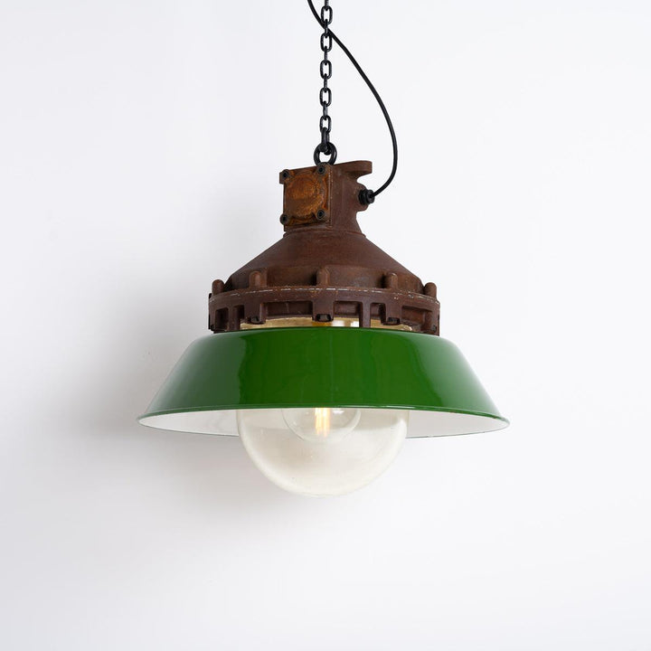 Industrial Explosion Proof Rusted Pendant Lights with Green Enamel Diffusers by Victor