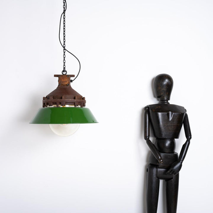 Industrial Explosion Proof Rusted Pendant Lights with Green Enamel Diffusers by Victor