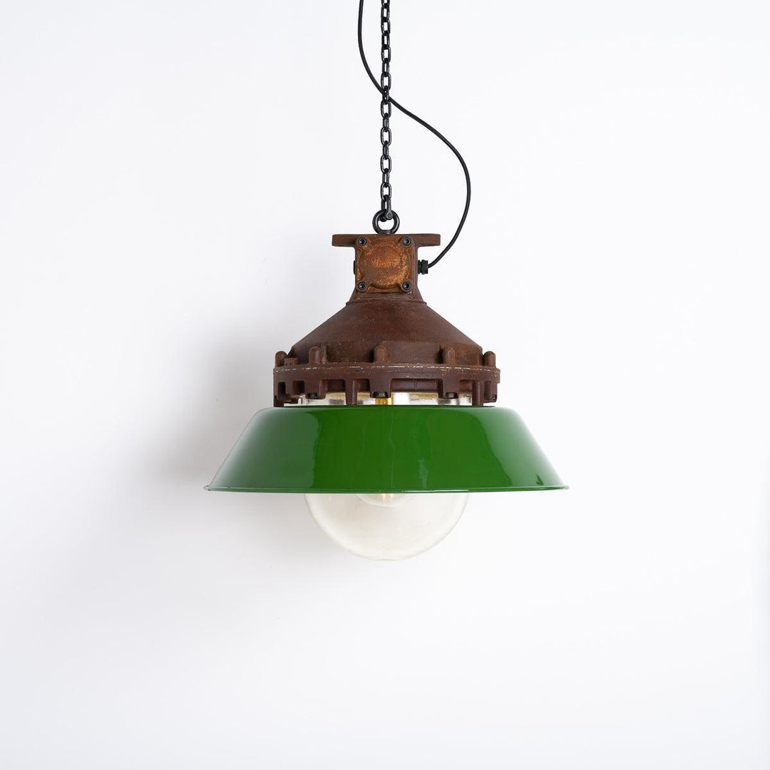 Industrial Explosion Proof Rusted Pendant Lights with Green Enamel Diffusers by Victor