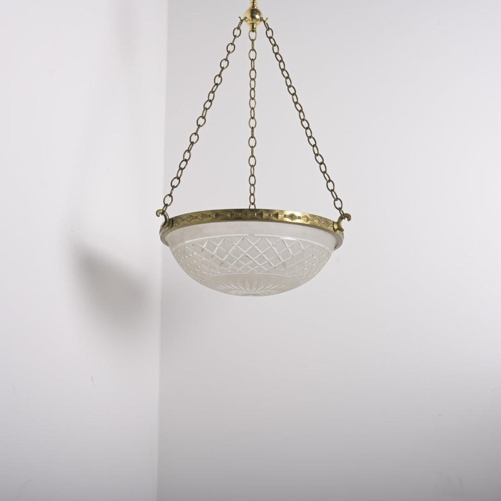 Large 14-Inch Satin & Cut Crystal Plafonnier Pendant Light in Geometric Brass Ring