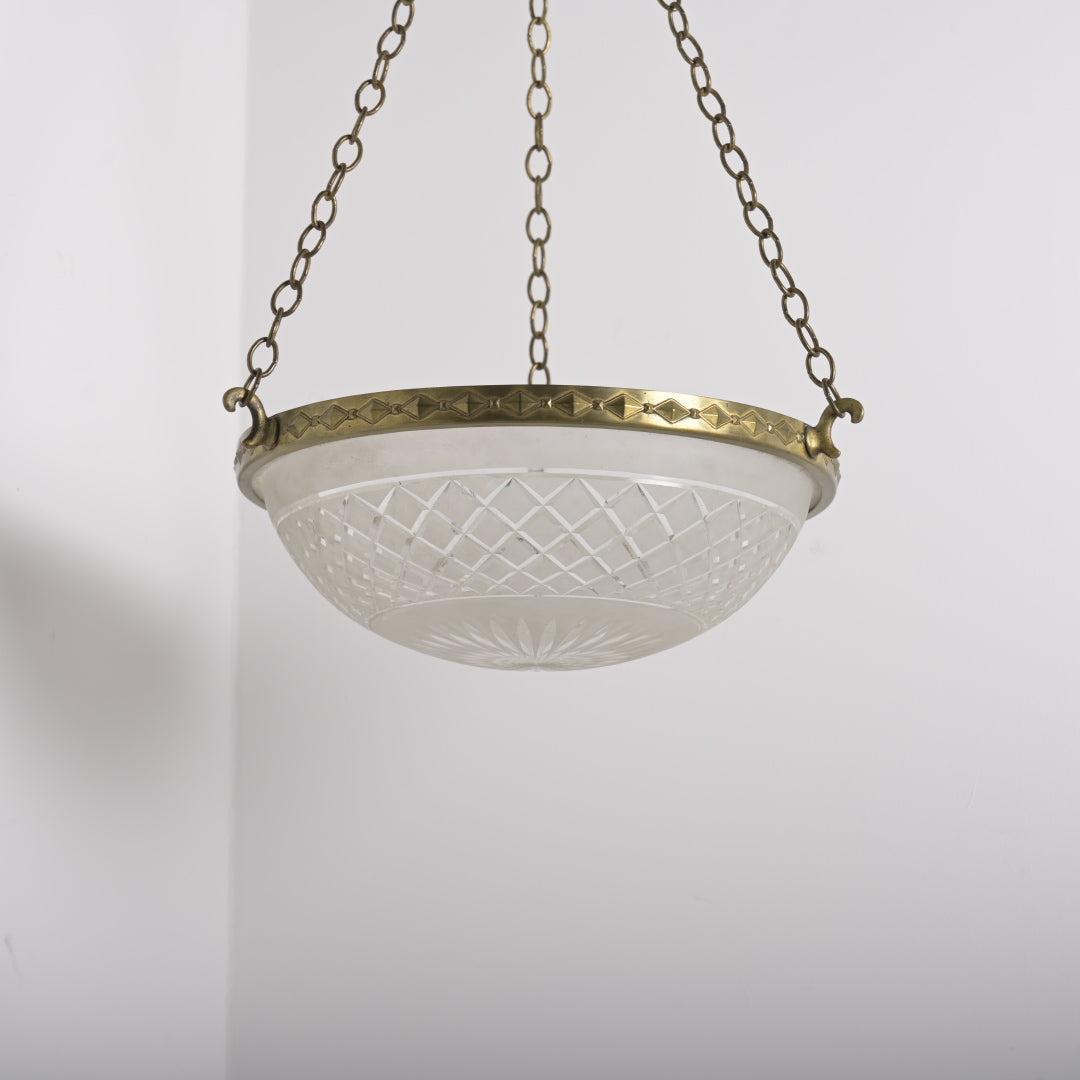 Large 14-Inch Satin & Cut Crystal Plafonnier Pendant Light in Geometric Brass Ring