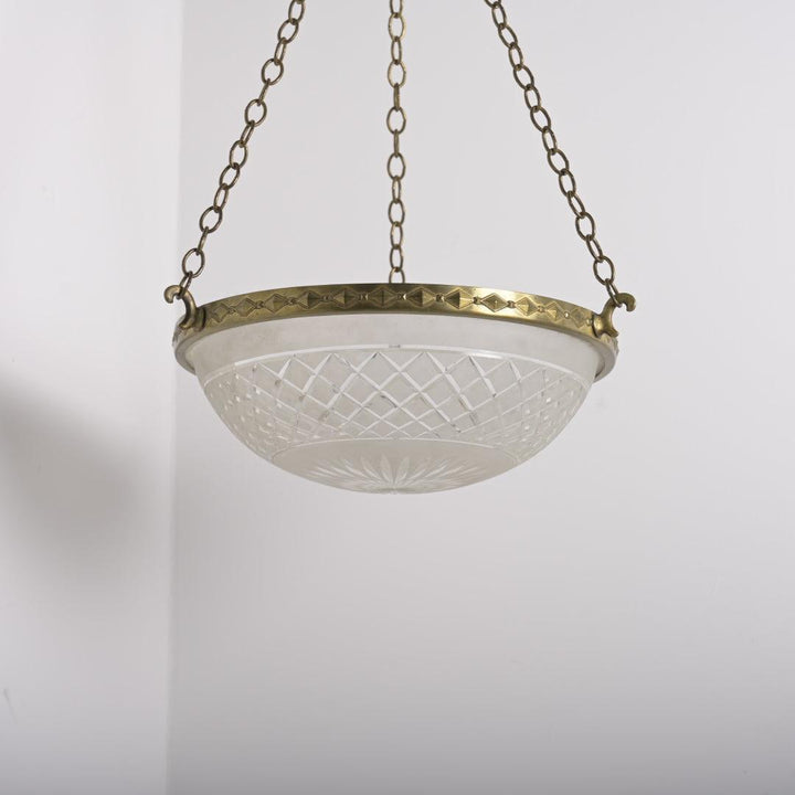 Large 14-Inch Satin & Cut Crystal Plafonnier Pendant Light in Geometric Brass Ring