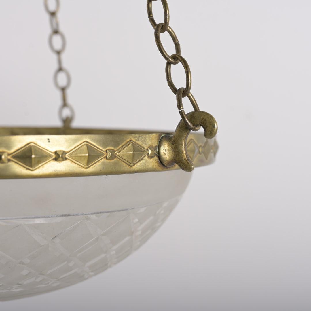 Large 14-Inch Satin & Cut Crystal Plafonnier Pendant Light in Geometric Brass Ring