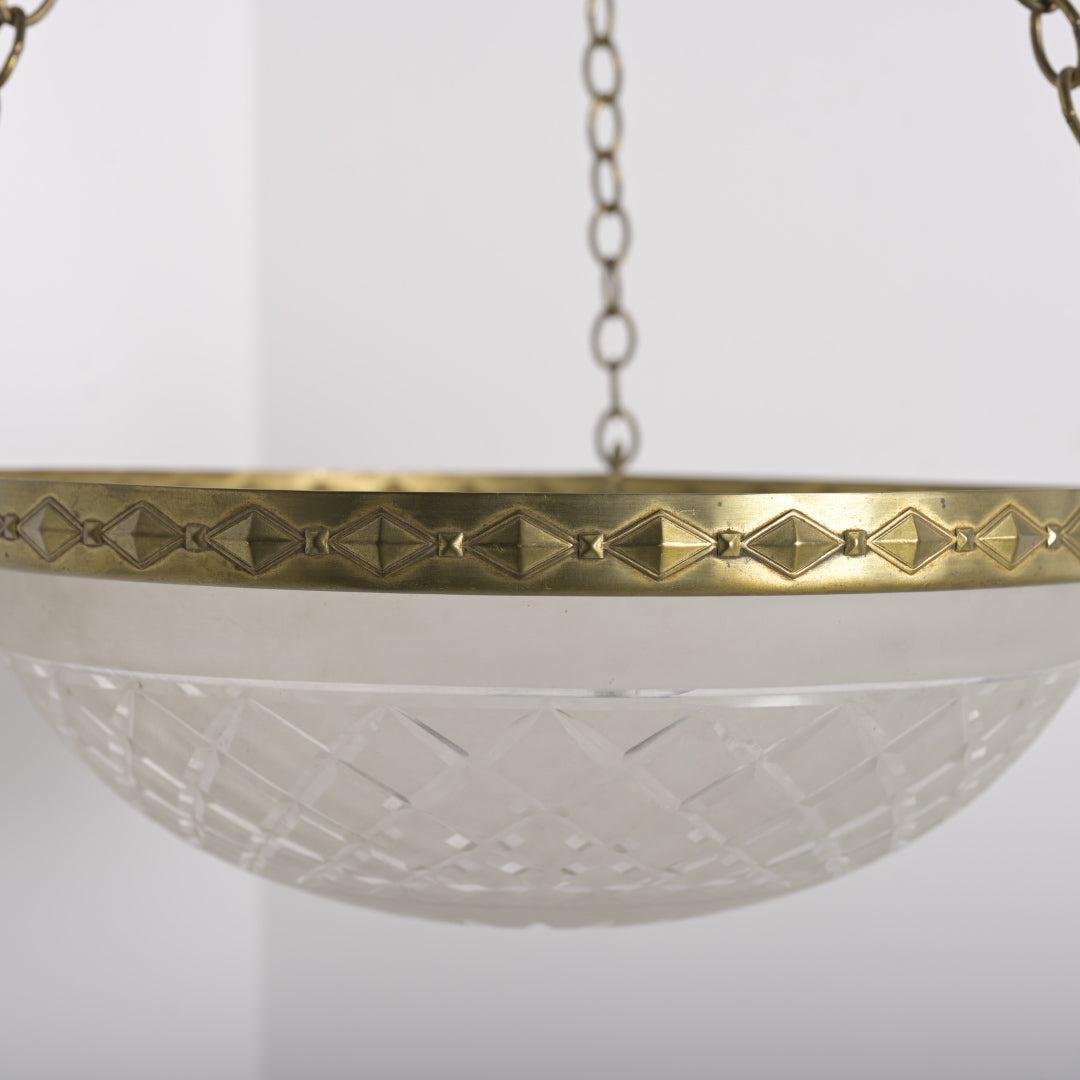 Large 14-Inch Satin & Cut Crystal Plafonnier Pendant Light in Geometric Brass Ring
