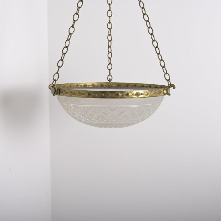 Large 14-Inch Satin & Cut Crystal Plafonnier Pendant Light in Geometric Brass Ring