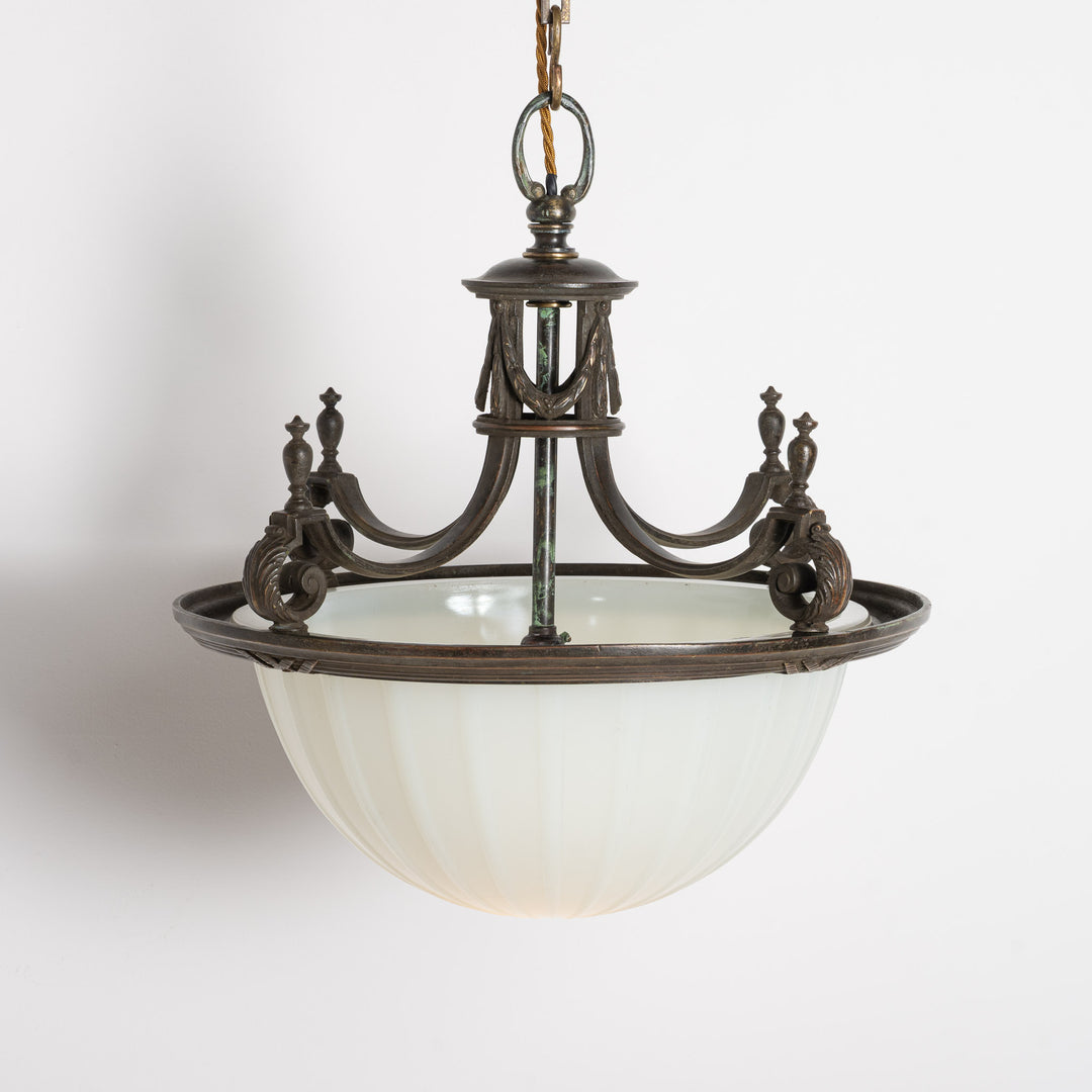 Large 14 inch English Moonstone Glass Plafonnier set in Heavy Quality Cast Bronze Frame