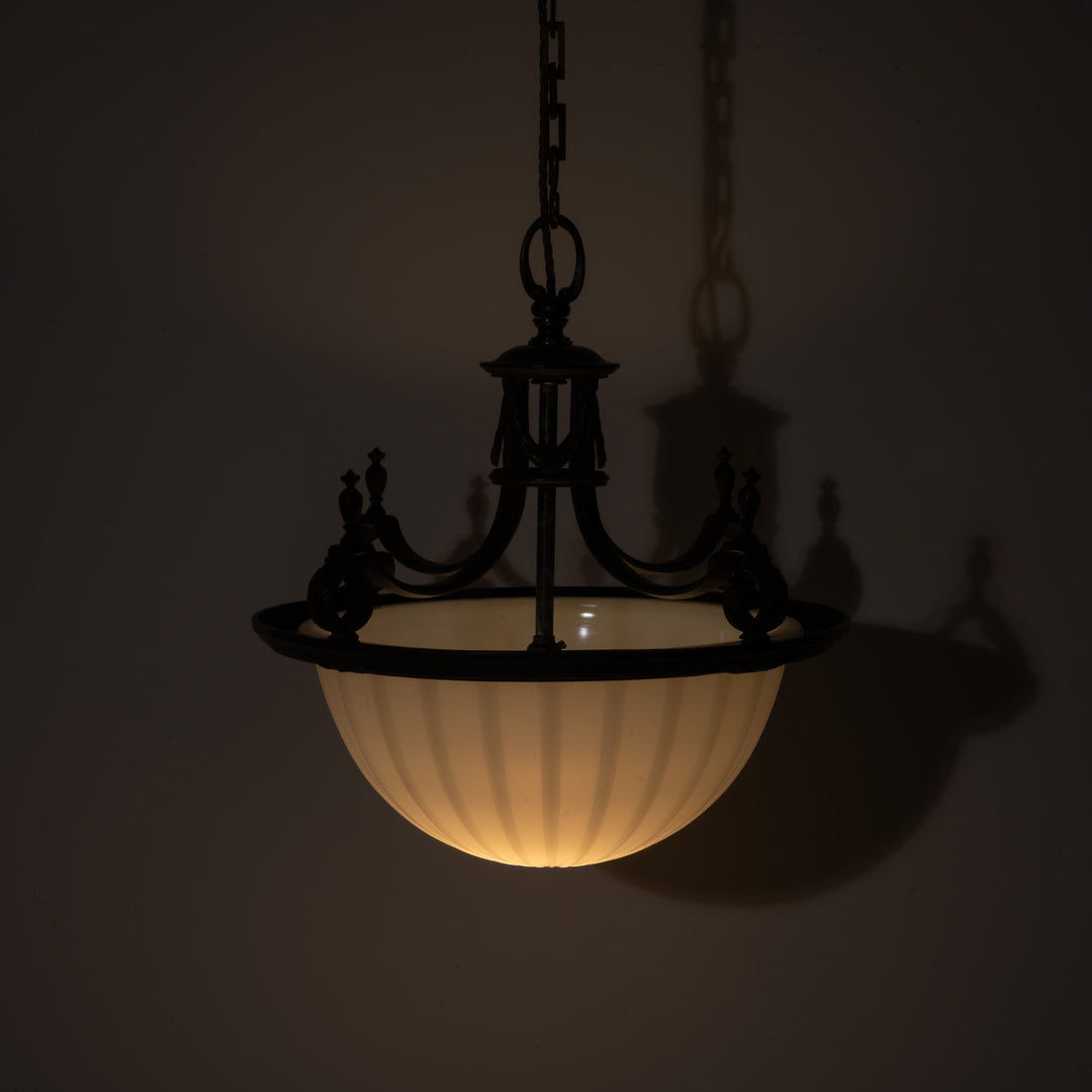 Large 14 inch English Moonstone Glass Plafonnier set in Heavy Quality Cast Bronze Frame