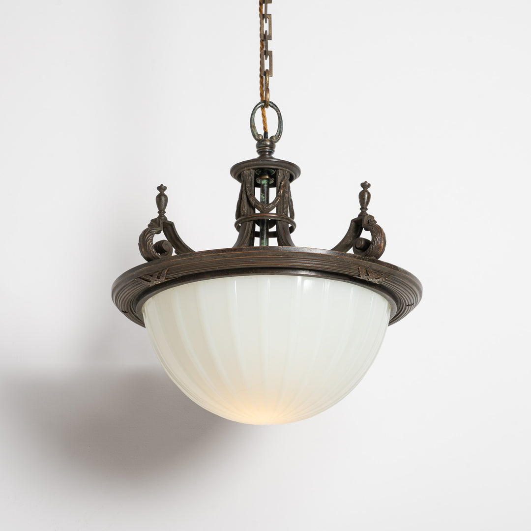 Large 14 inch English Moonstone Glass Plafonnier set in Heavy Quality Cast Bronze Frame