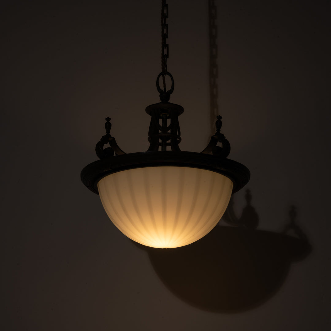 Large 14 inch English Moonstone Glass Plafonnier set in Heavy Quality Cast Bronze Frame