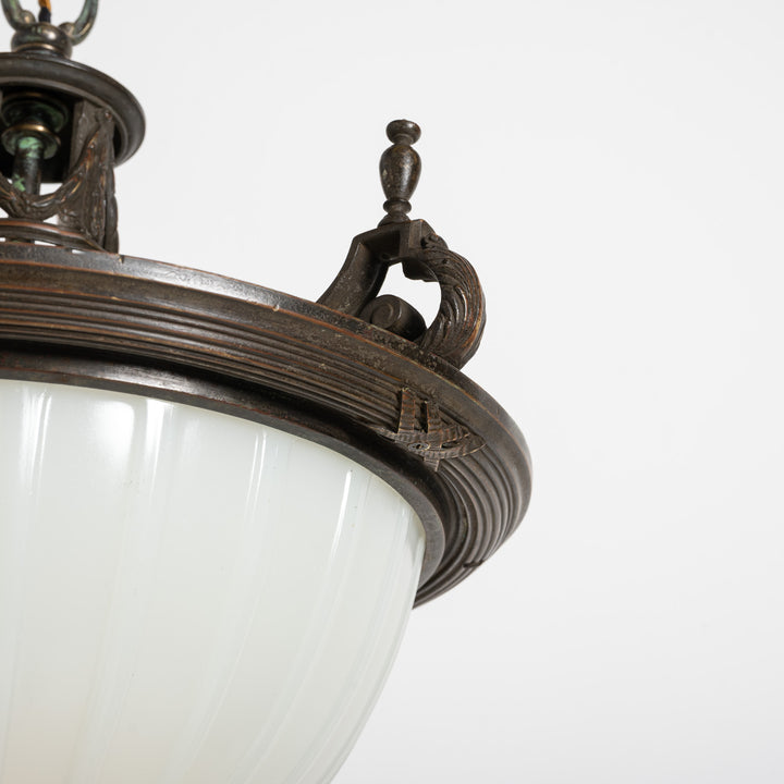 Large 14 inch English Moonstone Glass Plafonnier set in Heavy Quality Cast Bronze Frame