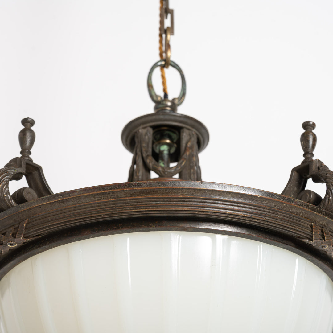 Large 14 inch English Moonstone Glass Plafonnier set in Heavy Quality Cast Bronze Frame