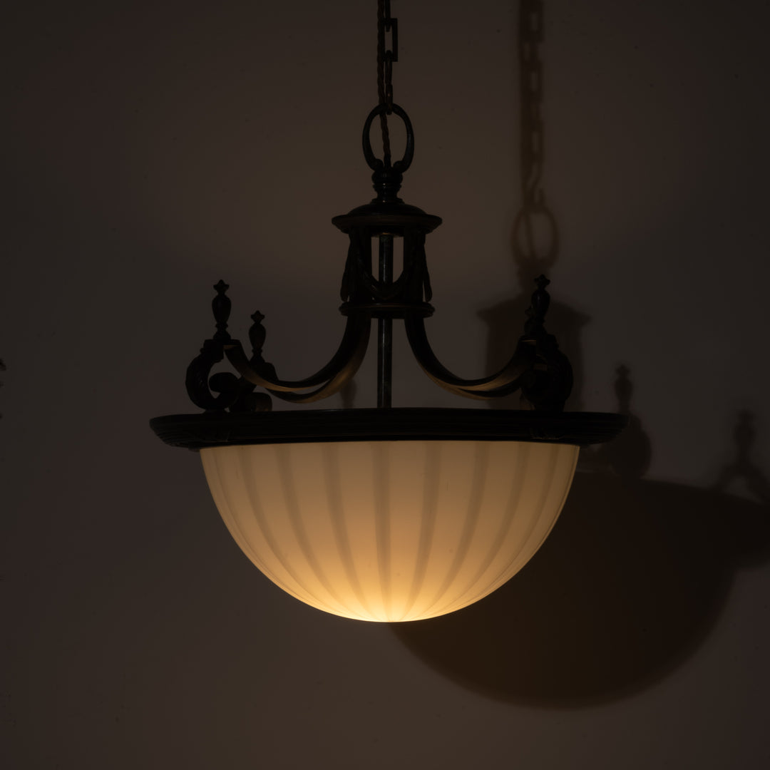 Large 14 inch English Moonstone Glass Plafonnier set in Heavy Quality Cast Bronze Frame