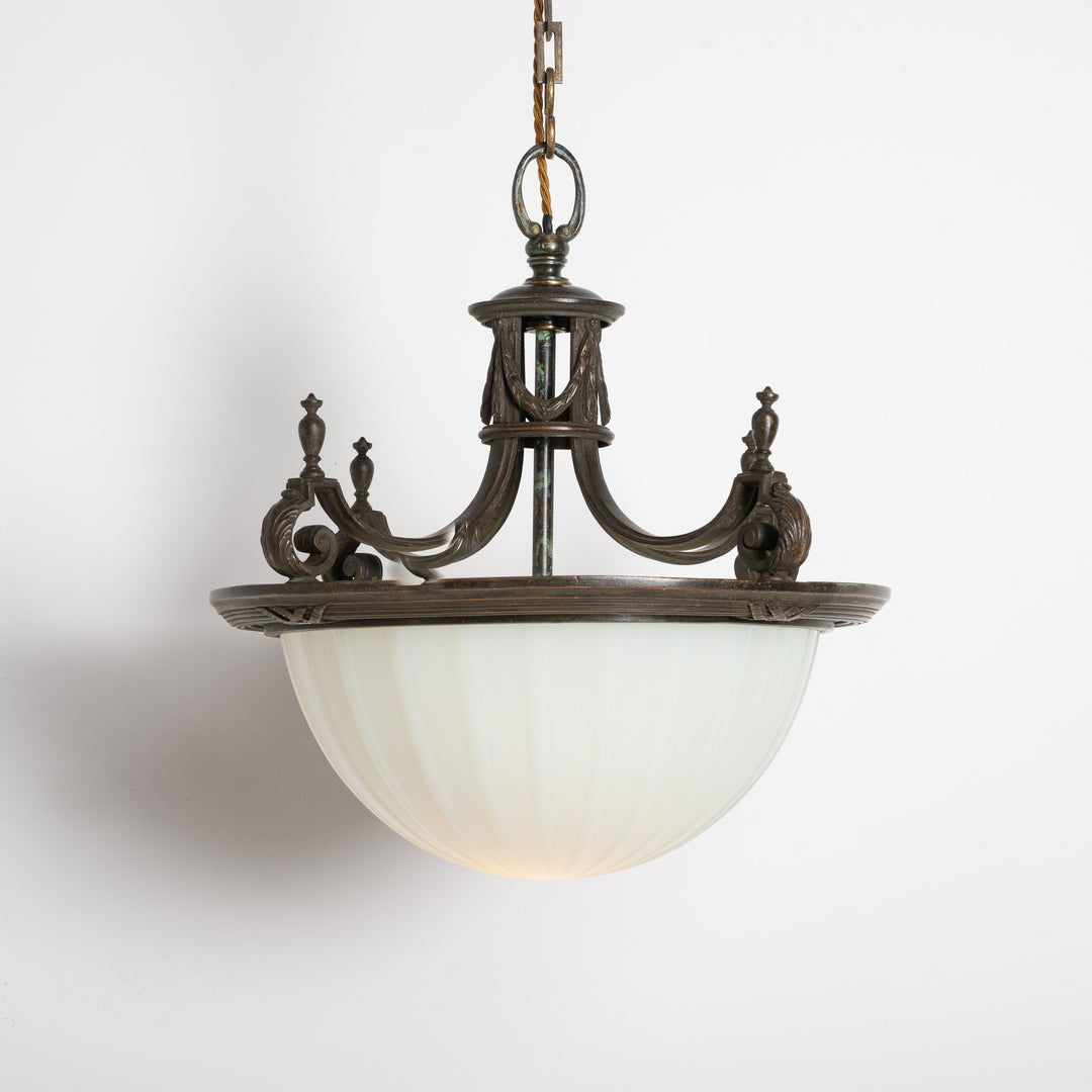 Large 14 inch English Moonstone Glass Plafonnier set in Heavy Quality Cast Bronze Frame