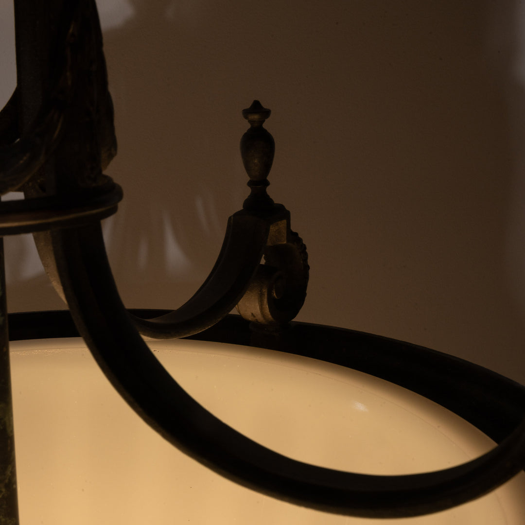 Large 14 inch English Moonstone Glass Plafonnier set in Heavy Quality Cast Bronze Frame