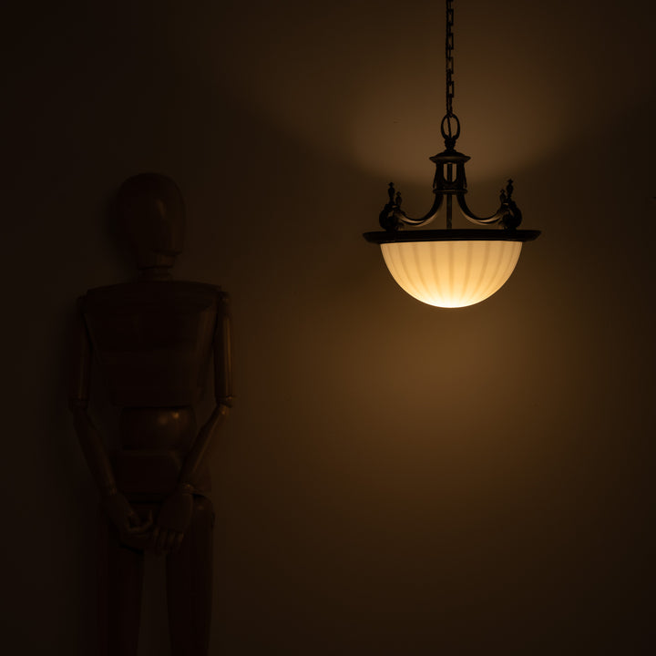 Large 14 inch English Moonstone Glass Plafonnier set in Heavy Quality Cast Bronze Frame