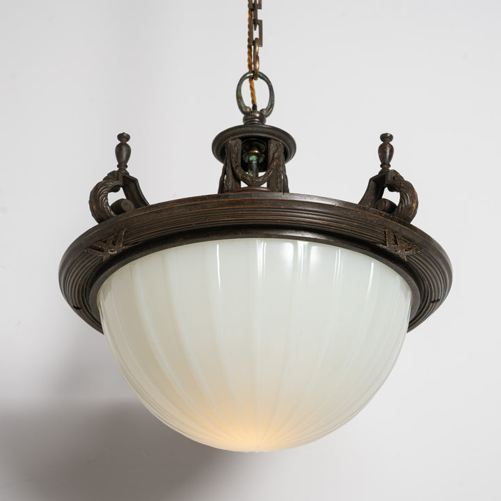 Large 14 inch English Moonstone Glass Plafonnier set in Heavy Quality Cast Bronze Frame