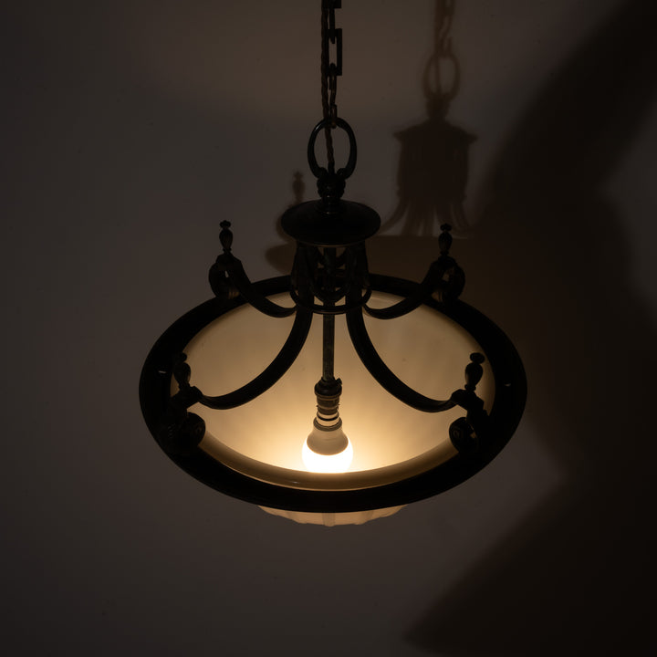 Large 14 inch English Moonstone Glass Plafonnier set in Heavy Quality Cast Bronze Frame