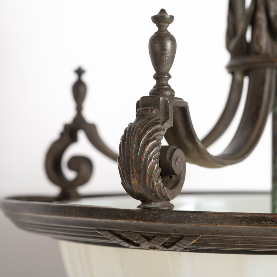 Large 14 inch English Moonstone Glass Plafonnier set in Heavy Quality Cast Bronze Frame