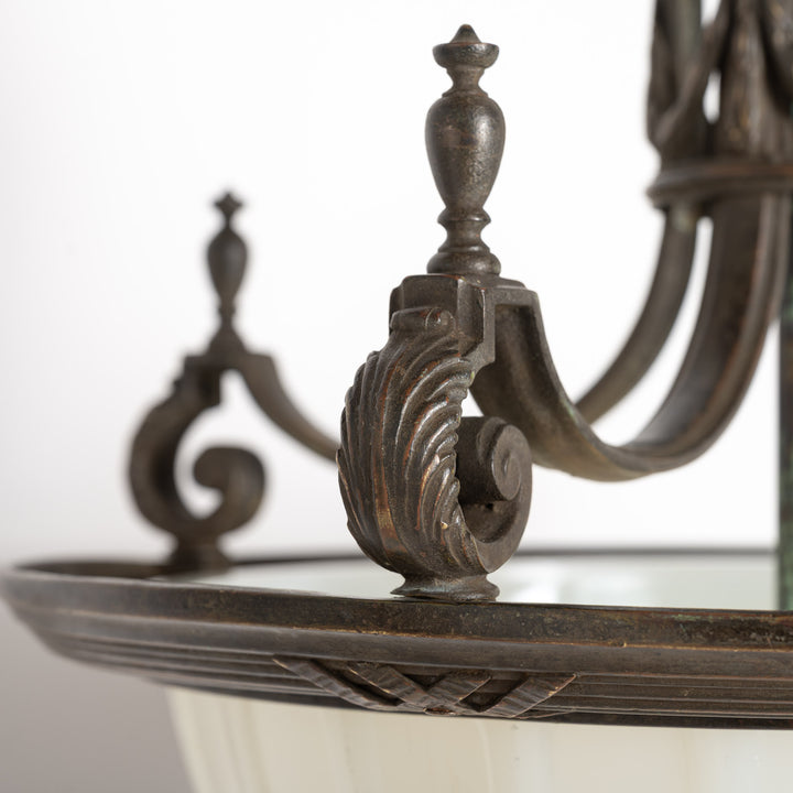 Large 14 inch English Moonstone Glass Plafonnier set in Heavy Quality Cast Bronze Frame