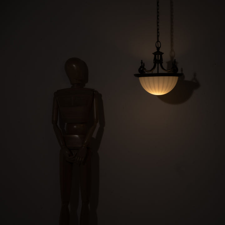 Large 14 inch English Moonstone Glass Plafonnier set in Heavy Quality Cast Bronze Frame