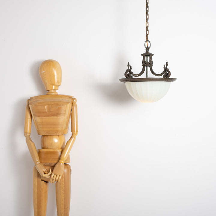 Large 14 inch English Moonstone Glass Plafonnier set in Heavy Quality Cast Bronze Frame