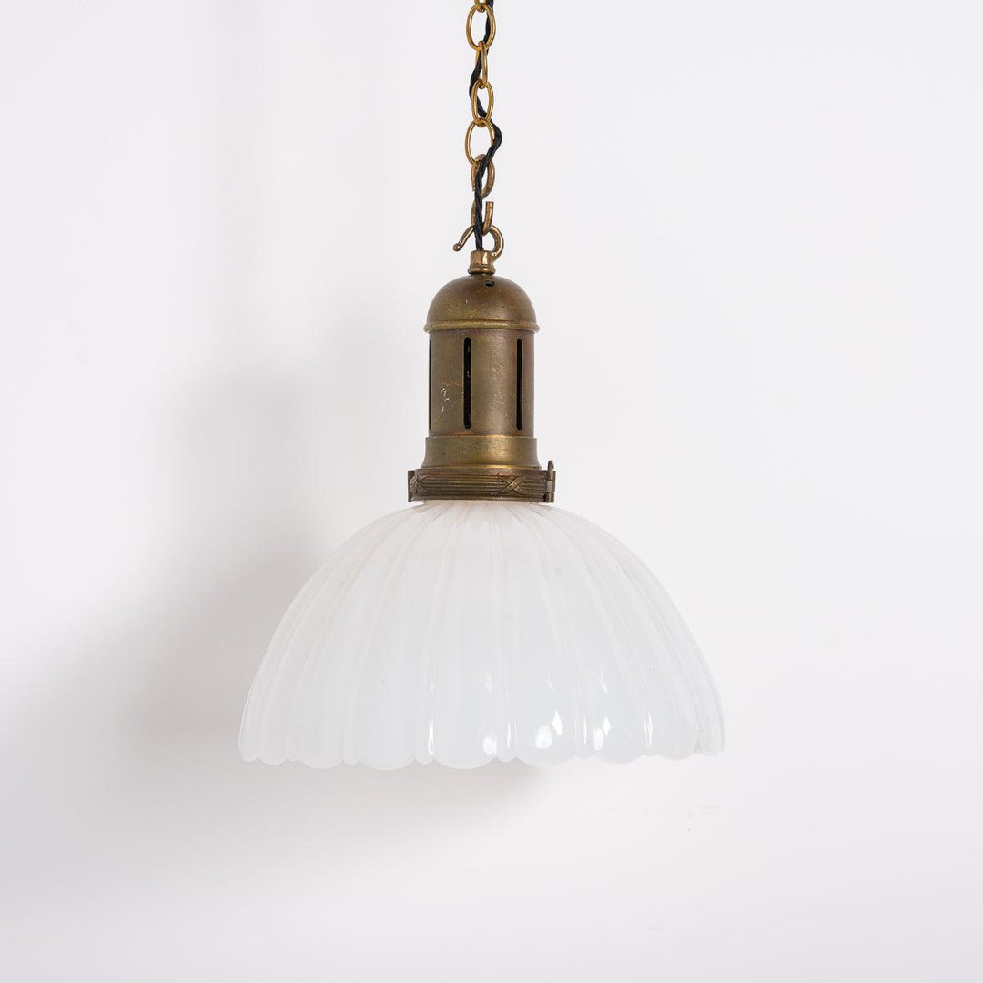 Large Antique Jefferson Moonstone Glass Pendant Light with Aged Cast Brass Fittings