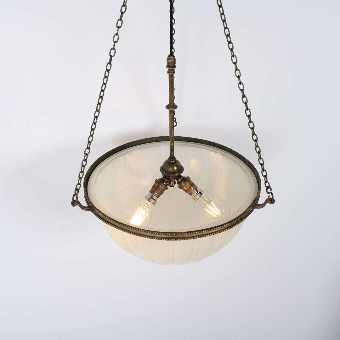 Large Antique Moonstone Glass Plafonnier Pendant Light with Aged Brass Fittings