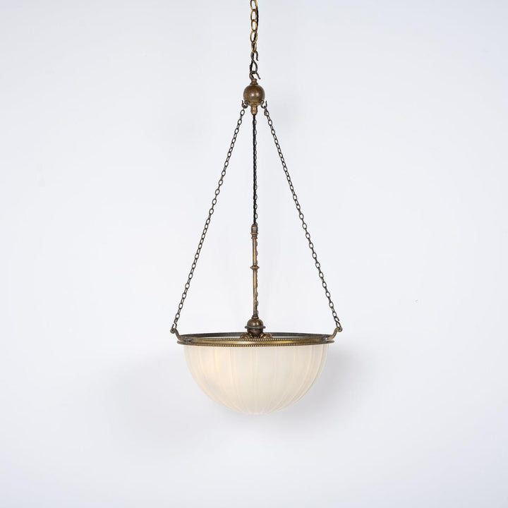 Large Antique Moonstone Glass Plafonnier Pendant Light with Aged Brass Fittings