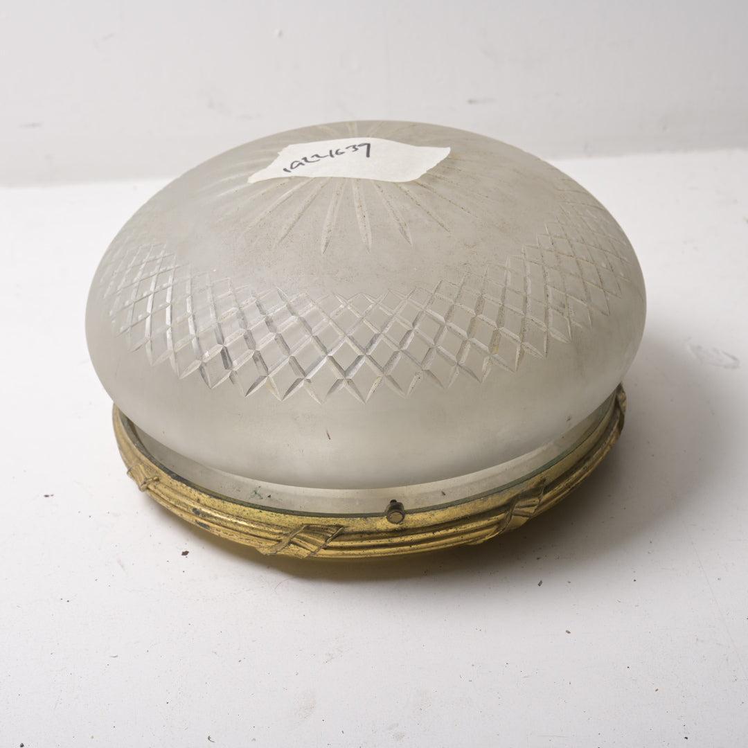 Large Antique Satin Crystal "Mushroom" Flush Mount with Cut Detail & Heavy Cast Brass Mount