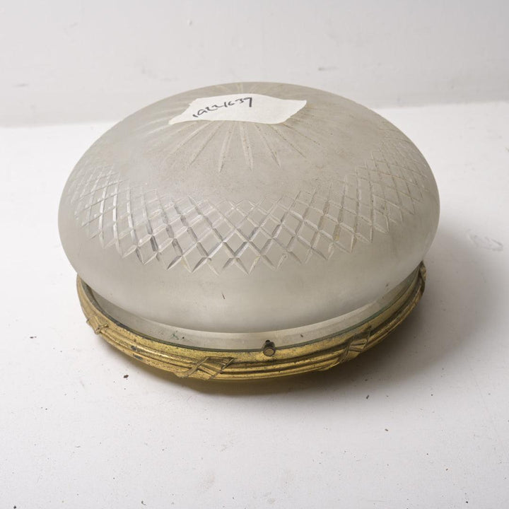 Large Antique Satin Crystal "Mushroom" Flush Mount with Cut Detail & Heavy Cast Brass Mount