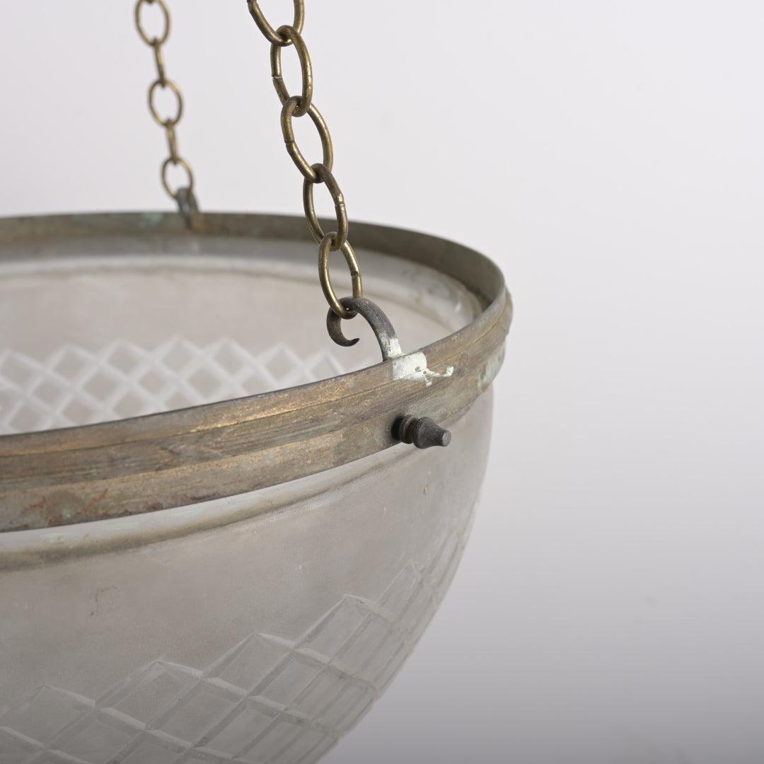 Large Antique Satin Crystal "Pointed" Plafonnier Pendant with Aged Brass Gallery