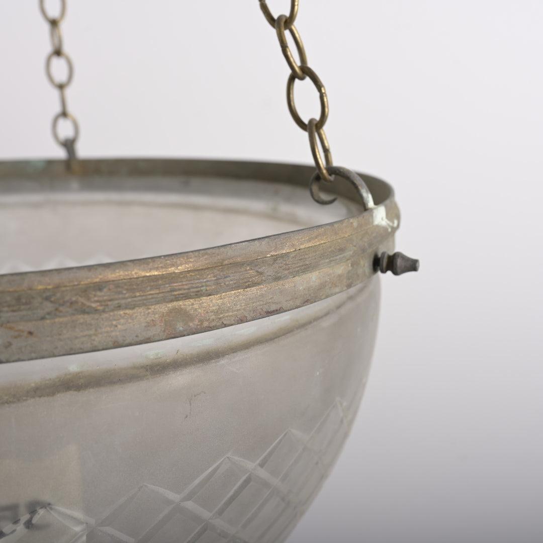 Large Antique Satin Crystal "Pointed" Plafonnier Pendant with Aged Brass Gallery