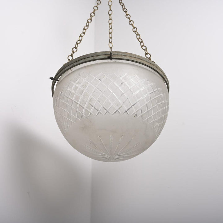 Large Antique Satin Crystal "Pointed" Plafonnier Pendant with Aged Brass Gallery